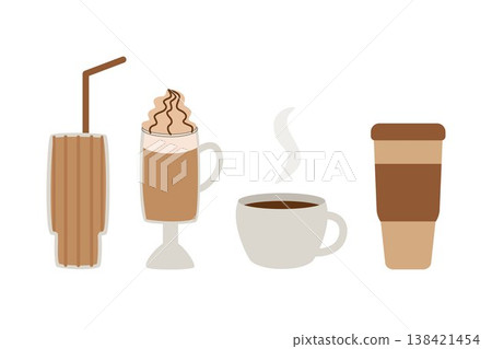 Hot coffee drinks in different mugs and glasses. Paper cup to take away, porcelain cups, a latte with a cream cap, a cocktail with a straw. Flat vector illustration. 138421454