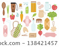 Zero-waste lifestyle. Reusable household items, eco-friendly hygiene products and household supplies, natural food and sustainable alternatives for everyday life. Flat vector illustration. 138421457