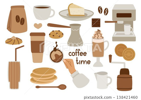 Cozy flat coffee set with cups, beans, desserts, brewing tools, and coffee maker. Warm cafe collection breakfast treats, and barista lifestyle. Vector illustration 138421460