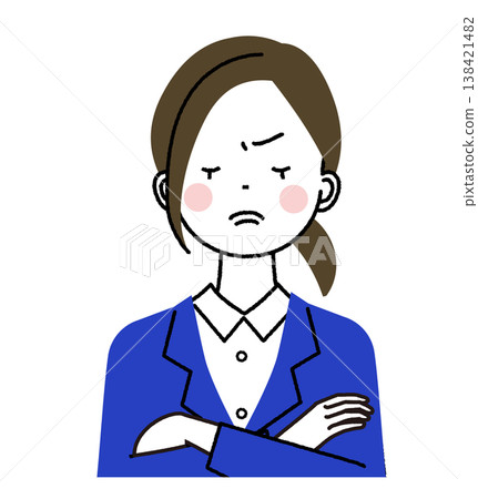 A young woman in a navy suit; a woman with a frown on her face and arms crossed. A young woman in a navy suit; a woman with a frown on her face and arms crossed. 138421482