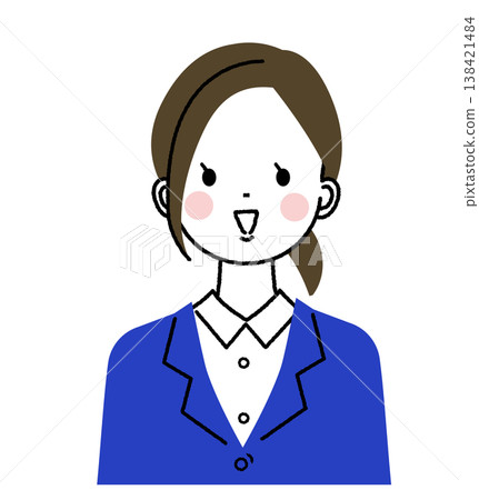 A young woman in a navy blue suit; a woman laughing with her mouth open. A young woman in a navy blue suit; a woman laughing with her mouth open. 138421484