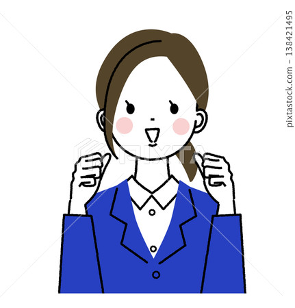 A young woman in a navy blue suit; another woman making a victory pose in support. 138421495