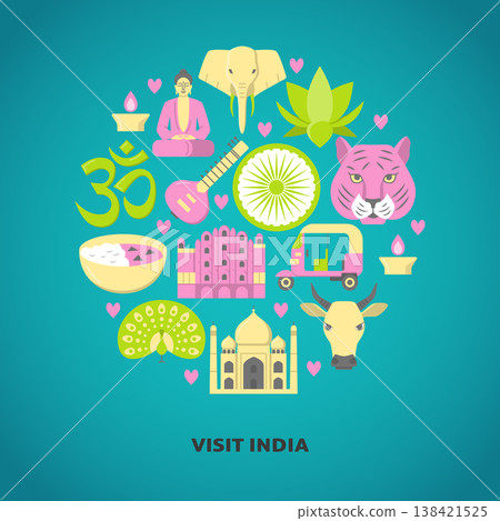 Bright round banner with India national symbols in flat style 138421525