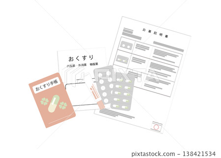 Illustrations of prescribed medication, medication instructions, and medication record book. Illustrations of prescribed medication, medication instructions, and medication record book. 138421534
