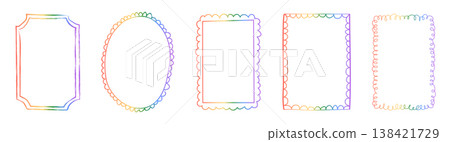 Set of hand drawn frames with wavy squiggle curly edges and rainbow gradient colors. Borders with abstract lines and retro scalloped patterns for invitations, posters, social media templates. Vector. Set of hand drawn frames with wavy squiggle curly edges and rainbow gradient colors. Borders with abstract lines and retro scalloped patterns for invitations, posters, social media templates. Vector. 138421729
