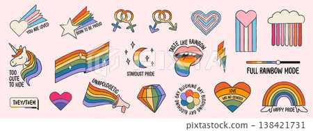 Retro pride sticker set with hand drawn rainbow icons and typography phrases. Hearts, flags, symbols, LGBTQ slogans. Trendy vintage queer elements for social media. Outline vector doodle illustrations Retro pride sticker set with hand drawn rainbow icons and typography phrases. Hearts, flags, symbols, LGBTQ slogans. Trendy vintage queer elements for social media. Outline vector doodle illustrations 138421731