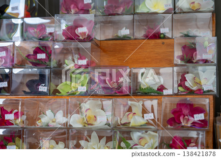 Selective focus on Plumeria flowers packed in a store for sale Selective focus on Plumeria flowers packed in a store for sale 138421878
