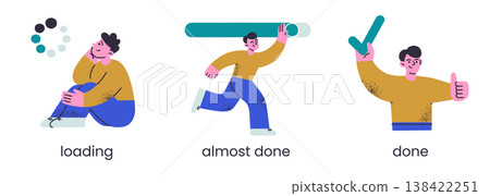 Loading progress bar scene set, flat cartoon man waiting and watching progress, almost done and completed states. Done character holding big checkmark, empty state vector illustration Loading progress bar scene set, flat cartoon man waiting and watching progress, almost done and completed states. Done character holding big checkmark, empty state vector illustration 138422251