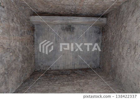 Ancient Stone Vault Chamber With Rough Textured Walls And Beams In Muted Gray Tones Evoking Historical Ambiance For Archaeological Exploration Scenes Ancient Stone Vault Chamber With Rough Textured Walls And Beams In Muted Gray Tones Evoking Historical Ambiance For Archaeological Exploration Scenes 138422337