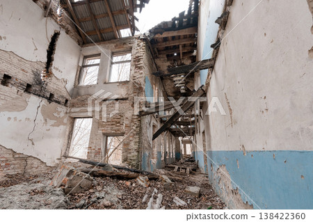 Dilapidated Abandoned Building Interior With Collapsed Roof, Exposed Brick Walls, Blue Paint Remnants And Debris Littered Floor In Derelict State Showing Decay And Neglect Over Time 138422360