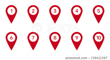 Numbered Location Pin Markers for Navigation and Mapping Icon Set. Geographic Position Indicators and Route Point Pins for Maps and Tracking Symbol Collection. Isolated Vector Illustration Numbered Location Pin Markers for Navigation and Mapping Icon Set. Geographic Position Indicators and Route Point Pins for Maps and Tracking Symbol Collection. Isolated Vector Illustration 138422387