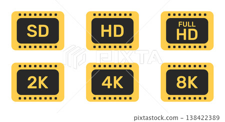 Video Resolution Icons In Silhouette Set. Digital Display Quality Symbol Collection. Video and TV Size Resolution Icons. Multimedia And Technology Use. Isolated Vector Illustration 138422389