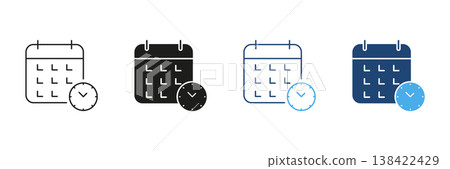 Calendar With Clock Icon Set. Time Management, Scheduling, And Event Planning Outline And Silhouette Symbol Collection. Efficient Organization And Deadline Tracking. Isolated Vector Illustration 138422429