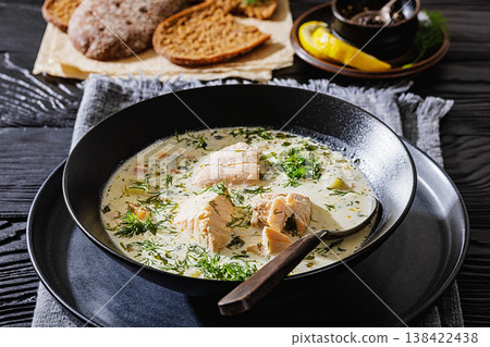 swedish laxsoppa creamy salmon soup in a bowl 138422438