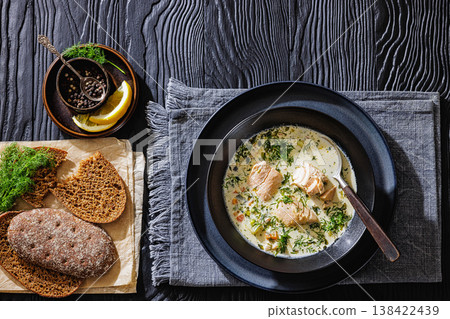 swedish laxsoppa creamy salmon soup in a bowl 138422439