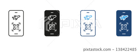 Smartphone With Airplane And Qr Code Icon Set. Mobile Boarding Pass And Digital Ticketing Outline And Silhouette Symbol Collection. Travel Technology And Convenience. Isolated Vector Illustration Smartphone With Airplane And Qr Code Icon Set. Mobile Boarding Pass And Digital Ticketing Outline And Silhouette Symbol Collection. Travel Technology And Convenience. Isolated Vector Illustration 138422485