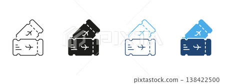 Airplane Tickets Line And Solid Icon Set. Travel Booking, Flight Reservation, And Airline Ticketing Outline And Silhouette Symbol Collection. Aviation And Tourism. Isolated Vector Illustration 138422500