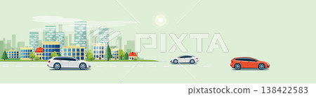 Urban Landscape Street Road with Cars and City Building Skyline Urban Landscape Street Road with Cars and City Building Skyline 138422583