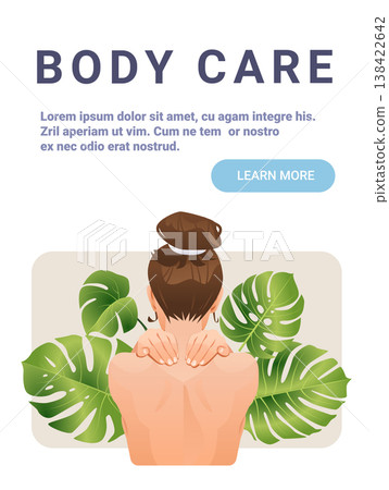 Body care wellness woman spa relaxation tropical leaves back view natural beauty self-care concept modern website banner template 138422642