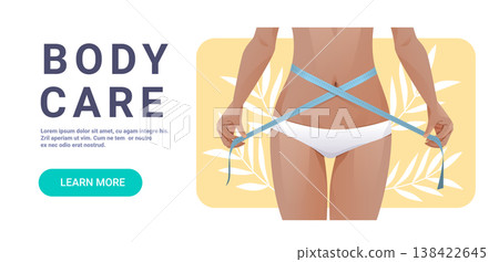 Body care slim waist woman measuring tape healthy lifestyle wellness abstract leaves yellow background website banner Body care slim waist woman measuring tape healthy lifestyle wellness abstract leaves yellow background website banner 138422645