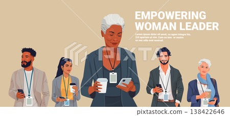 Empowering woman leader business team diversity professionals standing together with coffee and smartphones office attire beige background conference badge 138422646