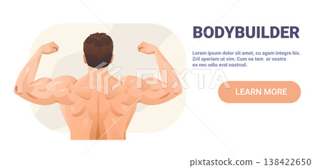Bodybuilder flexing muscular back strength fitness male showing biceps on light abstract background website banner template Bodybuilder flexing muscular back strength fitness male showing biceps on light abstract background website banner template 138422650