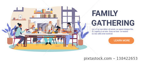 Family dinner gathering people eating together home kitchen table food diverse group cozy interior plants books window Family dinner gathering people eating together home kitchen table food diverse group cozy interior plants books window 138422653