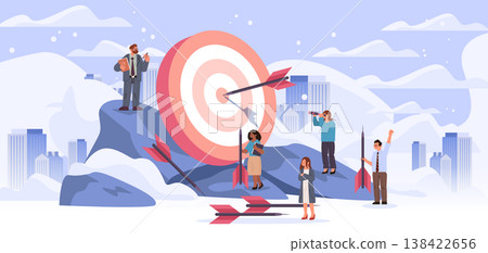 Business team hitting target goal achievement concept people with arrows mountain cityscape background collaboration success strategy 138422656