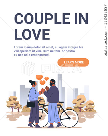 Couple in love romantic city park scene man and woman holding hands near bicycle autumn trees urban skyline hearts modern web banner 138422657
