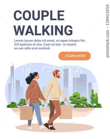 Couple walking shopping bags city park urban background modern flat design website banner 138422658