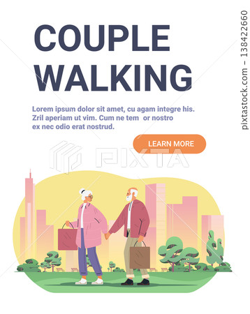 Elderly couple walking city park shopping bags urban skyline green trees modern outdoor scene website banner 138422660