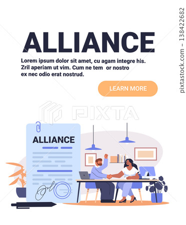 Alliance partnership agreement business people handshake contract signing office workspace modern decor document signature 138422682