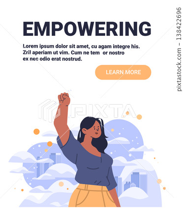 Empowering woman raising fist confidence achievement clouds city modern flat design website banner Empowering woman raising fist confidence achievement clouds city modern flat design website banner 138422696
