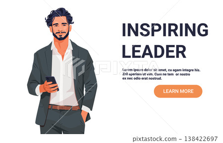 Inspiring leader confident businessman holding smartphone modern office professional character isolated white background website banner 138422697