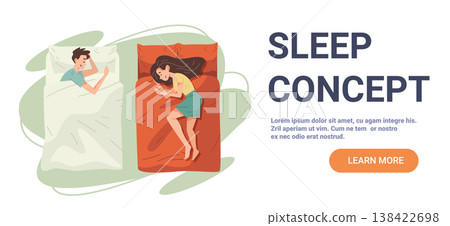 Sleep concept healthy rest man woman sleeping beds flat design pastel colors landing page template 138422698