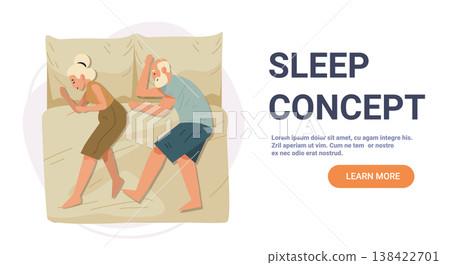Elderly couple sleeping bed top view peaceful night home bedroom pastel colors website banner Elderly couple sleeping bed top view peaceful night home bedroom pastel colors website banner 138422701