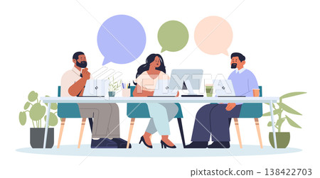 Business meeting teamwork office discussion collaboration diverse team working at desk with laptops plants speech bubbles modern workplace Business meeting teamwork office discussion collaboration diverse team working at desk with laptops plants speech bubbles modern workplace 138422703