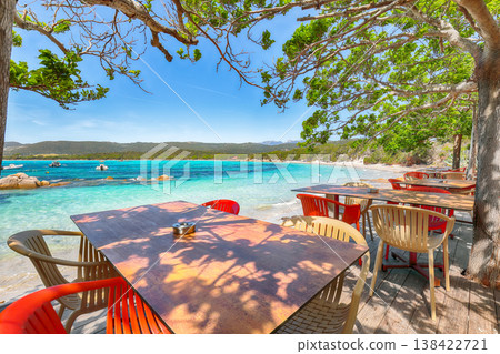 Breathtaking view of Santa Giulia resort from beach bar. Breathtaking view of Santa Giulia resort from beach bar. 138422721
