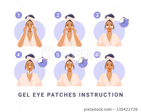 Gel eye patches skincare routine woman applying under eye masks step by step facial self-care beauty treatment towel wrap pastel colors clean background 138422726