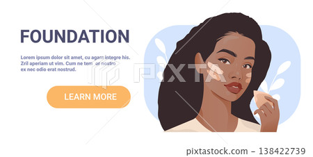 Foundation makeup application woman beauty routine skincare face closeup sponge leaves pastel background website banner 138422739