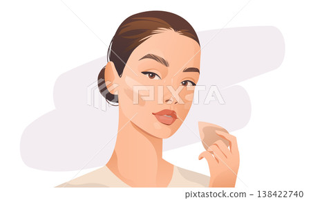 Woman applying foundation makeup natural beauty skincare routine soft pastel colors clean background cosmetic product application concept Woman applying foundation makeup natural beauty skincare routine soft pastel colors clean background cosmetic product application concept 138422740