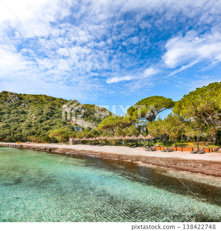 Breathtaking view of beach of Santa Giulia resort. Breathtaking view of beach of Santa Giulia resort. 138422748