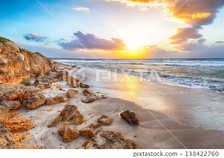 Unbelivable view of sunset on beach Capo San Marco Oristano on Del Sinis peninsula. Unbelivable view of sunset on beach Capo San Marco Oristano on Del Sinis peninsula. 138422760
