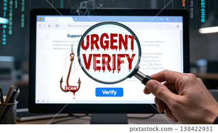 Cyber security and phishing scam concept. Magnifying glass over Urgent Verify button on a computer screen with a fishing hook icon. Internet fraud and data protection 138422931