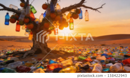 Surreal concept of plastic pollution in nature. A dead tree covered with hanging plastic bottles in a desert filled with trash at sunset. Environmental disaster and global waste problem 138422943