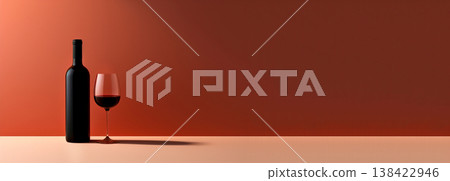 Minimalist red wine bottle and glass on a warm terracotta background. Elegant still life mockup with red wine and long shadow, panoramic banner with large copy space 138422946