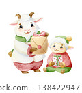 Father goat and baby lamb holding Christmas gift boxes with bows watercolor isolated illustration. Cartoon animals in winter clothes with presents cartoon clip art. Adorable hand drawn characters 138422947