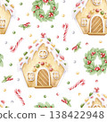 Hand drawn gingerbread house with candy canes, holly berries and Christmas wreath watercolor seamless pattern. Traditional winter holiday sweet desserts background in childish cartoon style 138422948