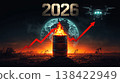 Geopolitical and economic forecast for 2026 concept. Digital illustration with a burning oil barrel, rising red graph arrow, glowing globe, and a military drone against a dark industrial sunset. 138422949