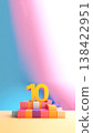 Golden number ten on a podium of colorful toy blocks. celebration concept for 10th anniversary, birthday, or top 10 rating list on a bright blue and pink background 138422951